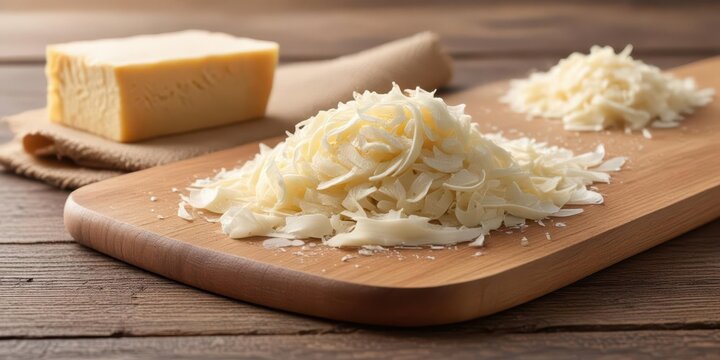 Freshly grated Parmesan cheese on a wooden cutting board, dairy, italian food,  dairy
