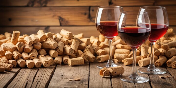 A cluster of wine corks on a wooden table, surrounded by glasses and wine bottles