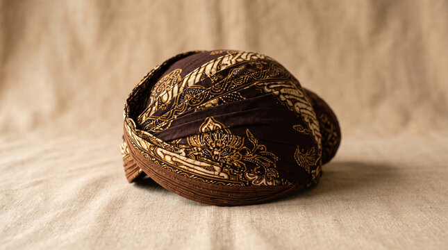 Traditional Javanese blangkon headwear featuring patterned batik fabric and distinctive folded construction