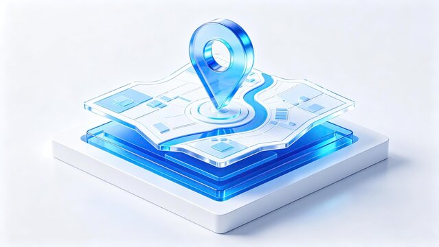 Glowing 3D glass location pin marker on layered transparent city map over clean white background, digital navigation GPS travel and location tracking technology concept