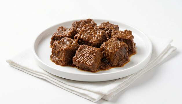 Braised beef cubes served on a white plate