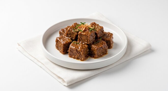 Braised beef cubes served on a white plate with napkin
