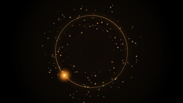 Golden light particle circle rotating with glowing orb in cosmic dark