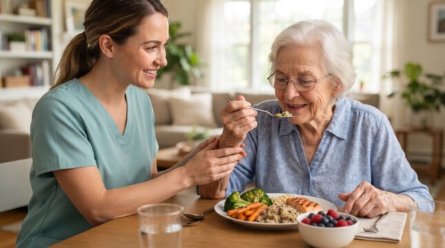 Elderly person eating a nutritious home-cooked meal independently while a caregiver provides gentle support, illustrating senior nutrition, healthy aging and dignified home care.