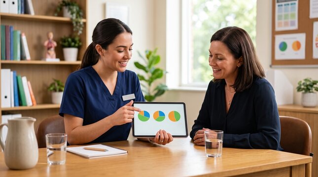 Female dietitian showing pie charts on digital tablet to female patient during nutrition consultation depicting meal planning, dietary guidance, and health advice