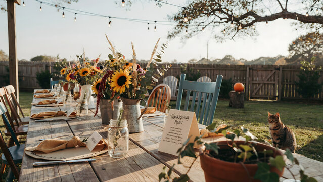 A long wooden dining table set for an outdoor autumn dinner party with sunflower bouquets, candles, and a cat sitting on the grass at sunset time
