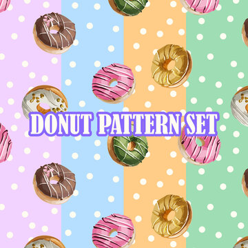 Seamless pattern of colorful donuts on polka dot backgrounds, 4-color set illustration.