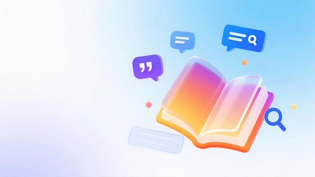 Gradient transparent open 3D book with speech bubbles and search icon over soft blue background, online knowledge search and reading education concept