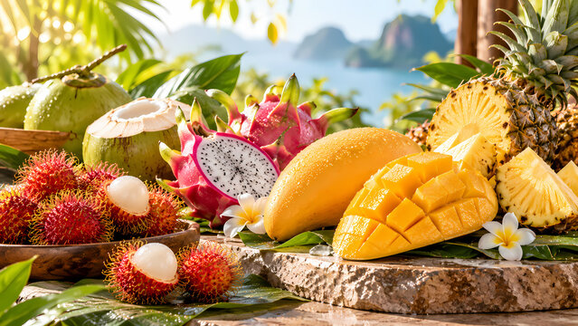 Tropical Fruit Assortment with Mango, Pineapple, Dragon Fruit and Rambutan in Summer Paradise