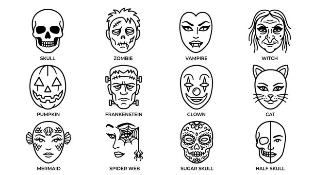 Collection of black and white emoji style face icons with labels.