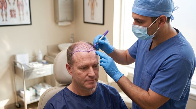 Surgical specialist using purple marker to draw precise hairline grid on male patient head in clinic symbolizing preoperative hair transplant planning and baldness correction