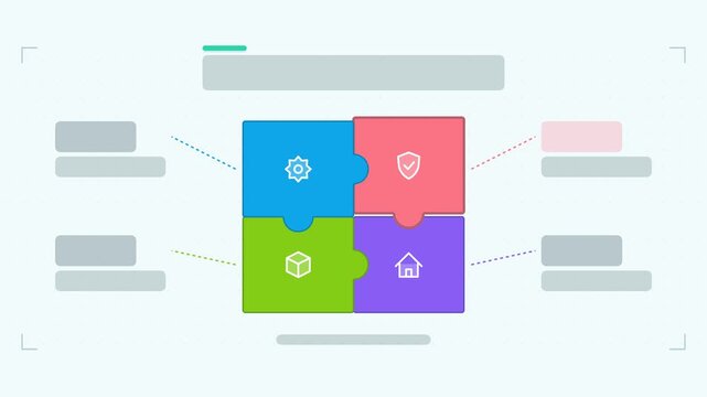 Animated puzzle pieces infographic in a modern flat vector style, pieces assembling in a smooth 4K loop. Blank text placeholders and blue and azure accents sit on a bright light background so headings