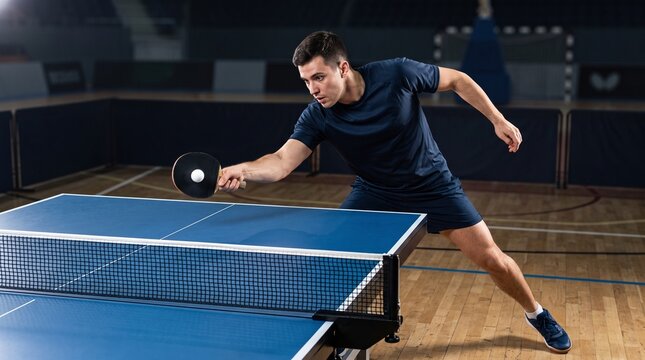Athletic table tennis player leaning across blue table to execute fast forehand strike with black paddle in indoor stadium depicting competitive ping pong match