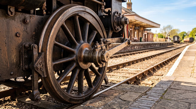 Old railway station platform with vintage iron wheel close-up on tracks. Railway scene includes historic elements such as the station building and train tracks.