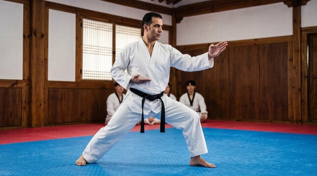 Taekwondo black belt master demonstrating knife-hand block stance on mat in traditional dojang hall depicting martial arts discipline, combat posture, and self defense practice