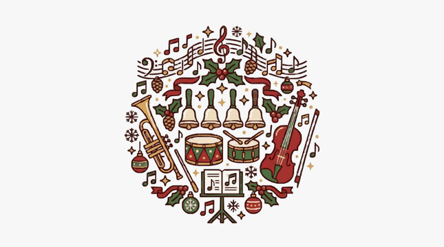 Colorful musical instruments and notes circular design.