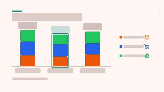Animated stacked bar infographic in a modern flat vector style, segments assembling in a smooth 4K loop. Blank text placeholders and fresh green accents sit on a bright light background so headings an