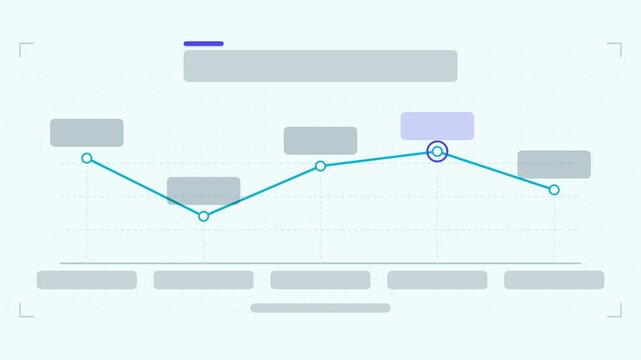 Seamless 4K looping animation of a line graph infographic template with line drawing. Flat vector shapes, icons and grey text placeholders animate on a clean light background in teal and turquoise ton