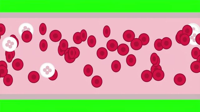 2D green screen animation of blood flow, red and white blood cells