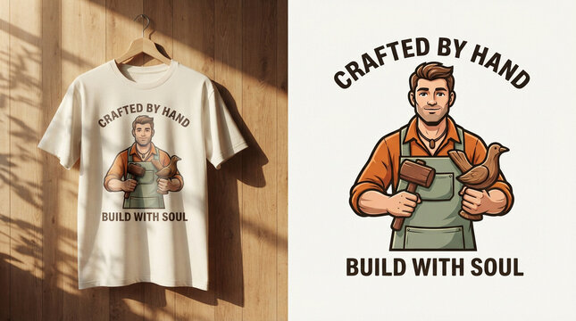 Crafted by Hand TShirt Design with Woodworker Illustration.