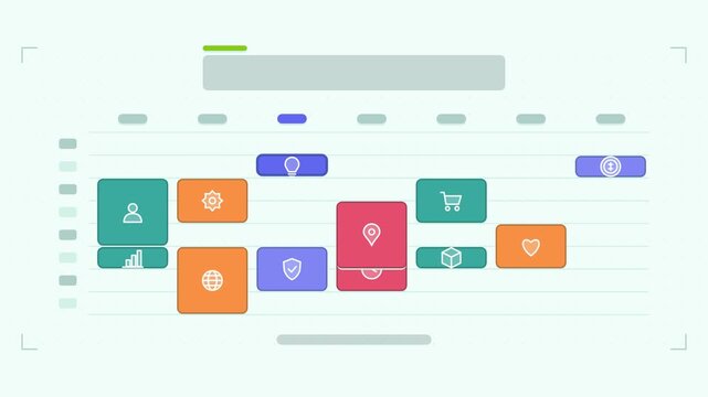 Seamless 4K looping animation of a weekly planner infographic template with blocks cascading. Flat vector shapes, icons and grey text placeholders animate on a clean light background in teal and turqu