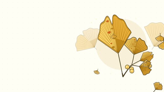 Gentle 4K seamless loop showing ginkgo leaf turning toward viewer in a clean flat vector style with yellow and gold colours and a bright light backdrop. Slow natural movement and generous copy space. 