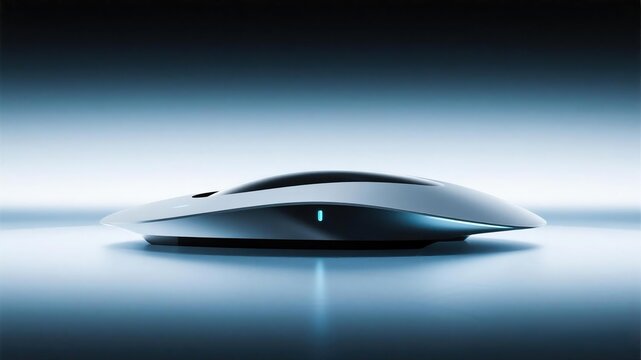 Futuristic concept design of sleek aerodynamic autonomous hover vehicle over gradient light blue dark background, future electric transport innovation concept