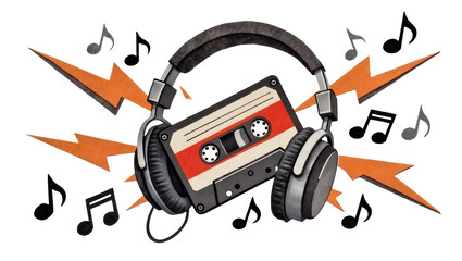 Retro cassette tape with headphones and musical notes, isolated on transparent background © Hans