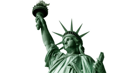 Green Statue of Liberty holding torch and tablet, isolated on transparent background © Hans