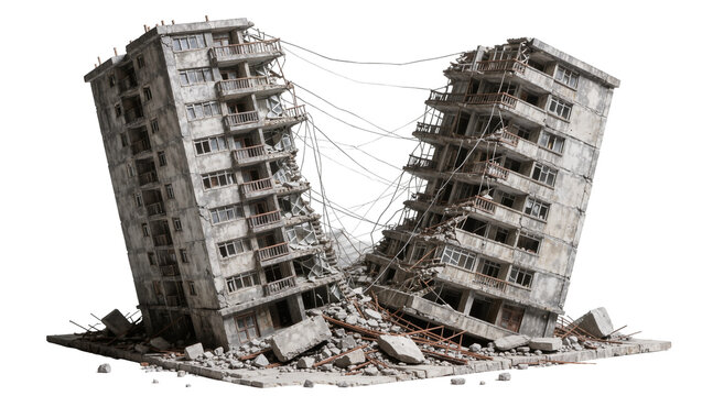 Two damaged concrete apartment buildings leaning precariously, isolated on transparent background