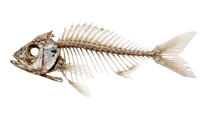 Detailed fish skeleton with sharp fins and tail, isolated on transparent background