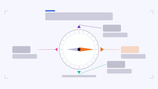 Animated compass directions infographic in a modern flat vector style, needle sweeping in a smooth 4K loop. Blank text placeholders and orange and amber accents sit on a bright light background so hea