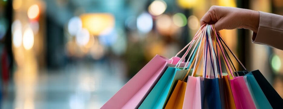 Person holding colorful shopping bags in a modern retail mall  