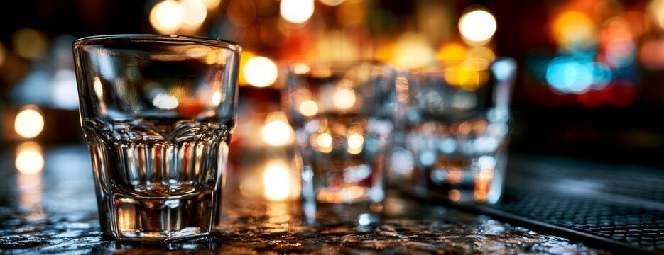 Glasses lined up on a bar counter with blurred background lights  
