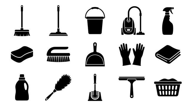 Cleaning tools vector icon set for household maintenance and hygiene