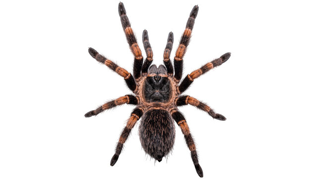 Brown and black banded tarantula spider with hairy legs, isolated on transparent background
