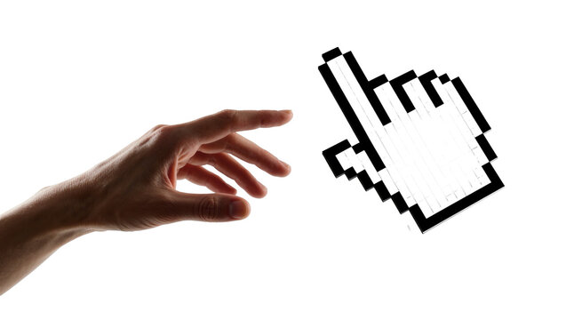 Human hand reaching towards pixelated computer cursor, isolated on transparent background