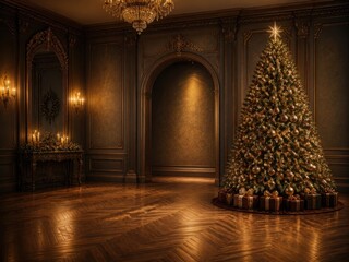 Obraz premium Elegant Christmas tree glowing inside a luxurious vintage interior
