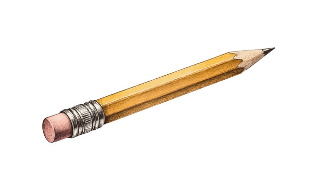 Sharpened yellow wooden pencil with pink eraser and metal ferrule, isolated on transparent background