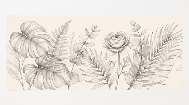 Minimalist botanical wall design with large layered leaves extending across the composition and one beautiful flower as the focal point, refined pencil textures, spacious cream background, premium con