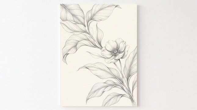 Minimalist botanical wall design with large layered leaves extending across the composition and one beautiful flower as the focal point, refined pencil textures, spacious cream background, premium con