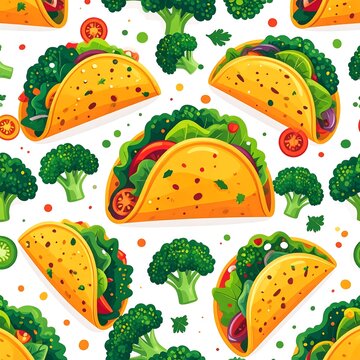 Colorful Tacos and Broccoli Pattern Design.