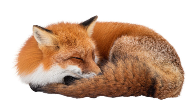 Red fox curled up sleeping peacefully, isolated on transparent background