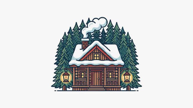 Cozy wooden cabin surrounded by snow covered pine trees.