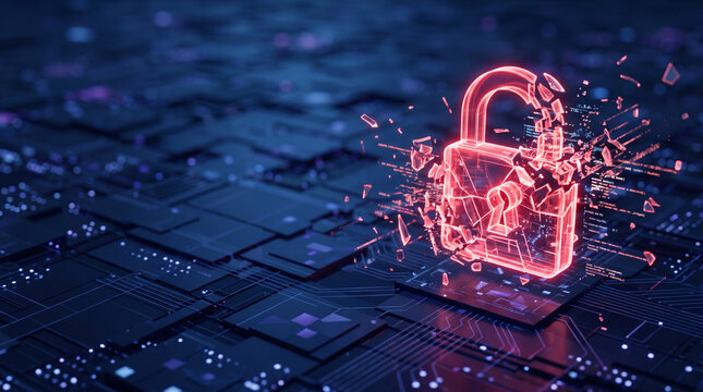 Cyber security breach and data vulnerability concept. Glowing red shattered digital padlock on high-tech circuit board background for network protection and cybercrime themes.