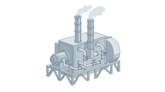 Sleek Monochromatic of an Industrial Steam Engine Boiler with Pipes and Chimneys Emitting Smoke