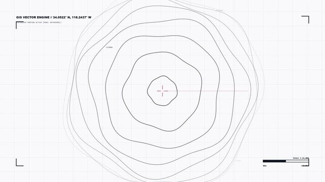Digital topography map animation with contour lines and grid interface