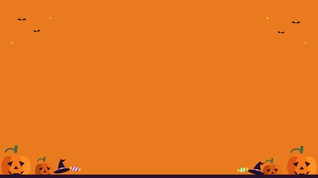 Halloween Pumpkin Sale Background with Witch Hats Candy and Flying Bats on Orange Stage Border, Seamless 4K Motion Graphic with Large Copy Space for Advertising and Promotion