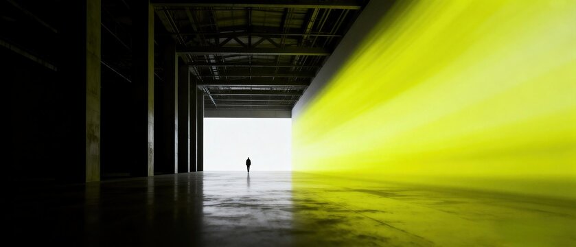 Silhouette of lone man walking towards bright exit in dark empty industrial hall with dramatic bright yellow light beam covering half floor, future hope forward abstract architecture concept