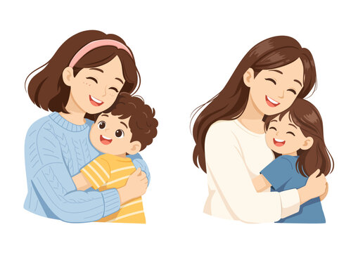 Set of illustrations  featuring a mother hugging her son and daughter, for a Mother's Day concept.